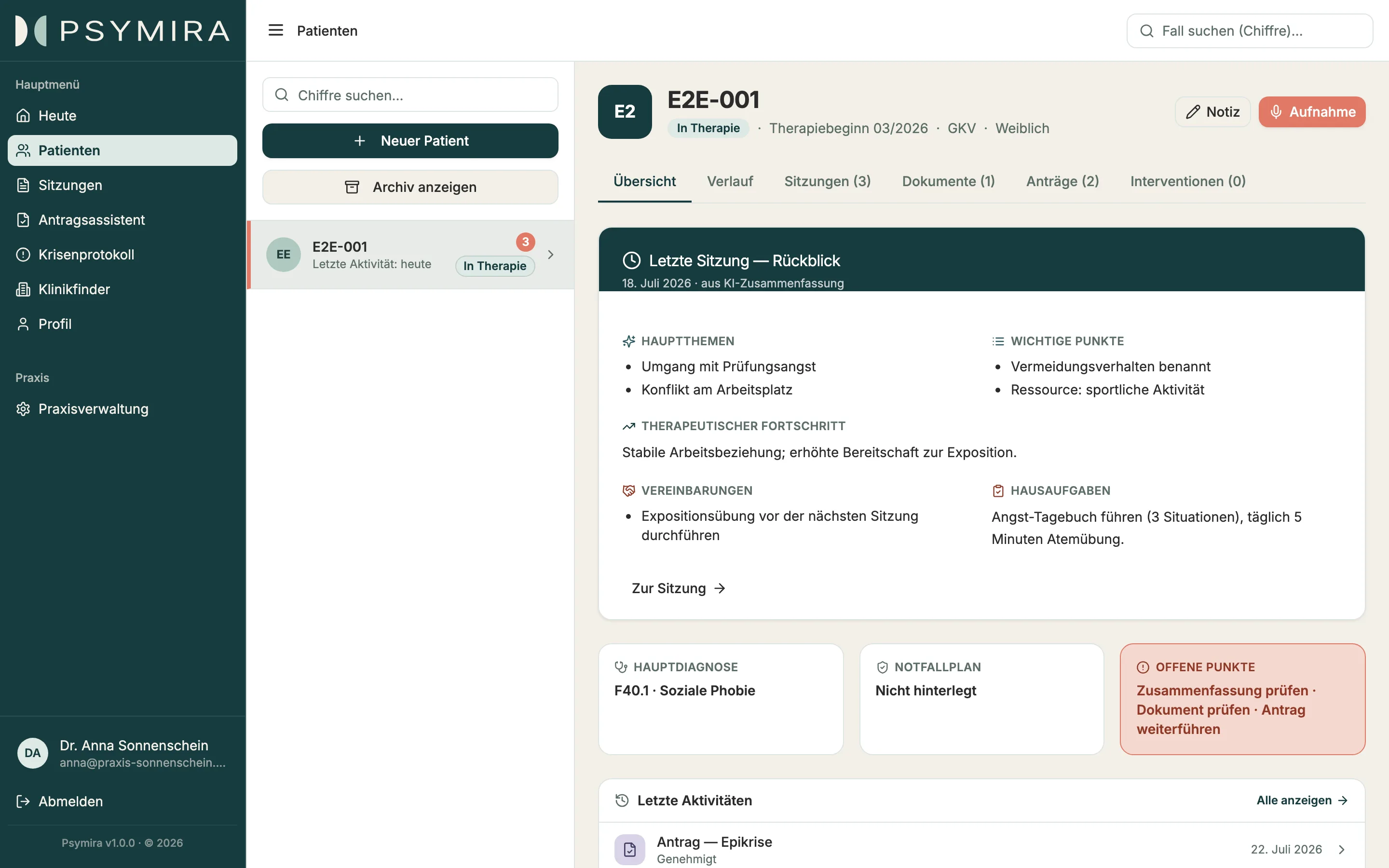 Psymira-Patientenansicht mit Chiffre, Stammdaten und verbundenen Bereichen