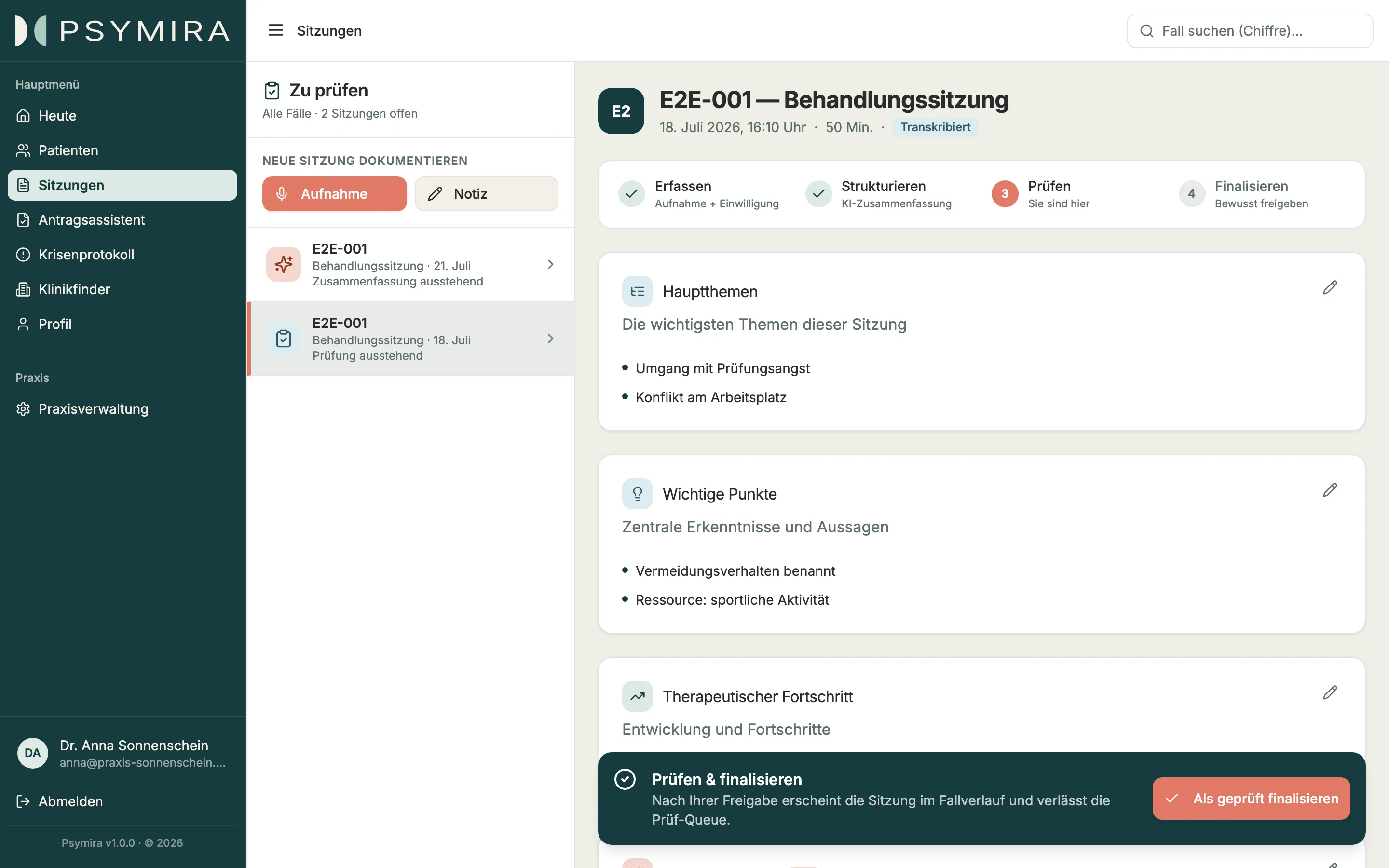 Psymira zeigt die Zusammenfassung mehrerer dokumentierter Sitzungen