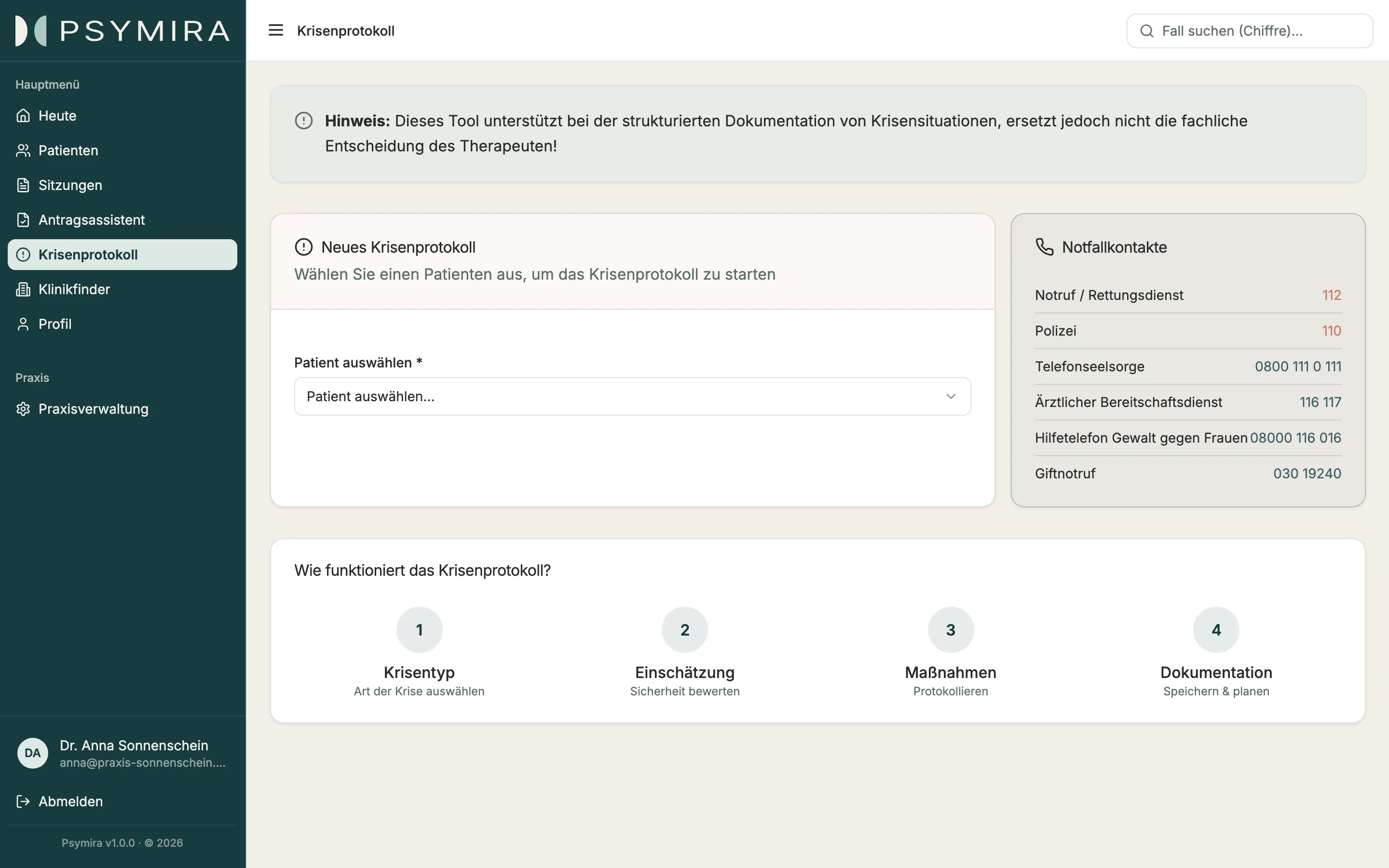 Psymira-Krisenprotokoll mit den Schritten Krisentyp, Einschätzung, Maßnahmen und Dokumentation