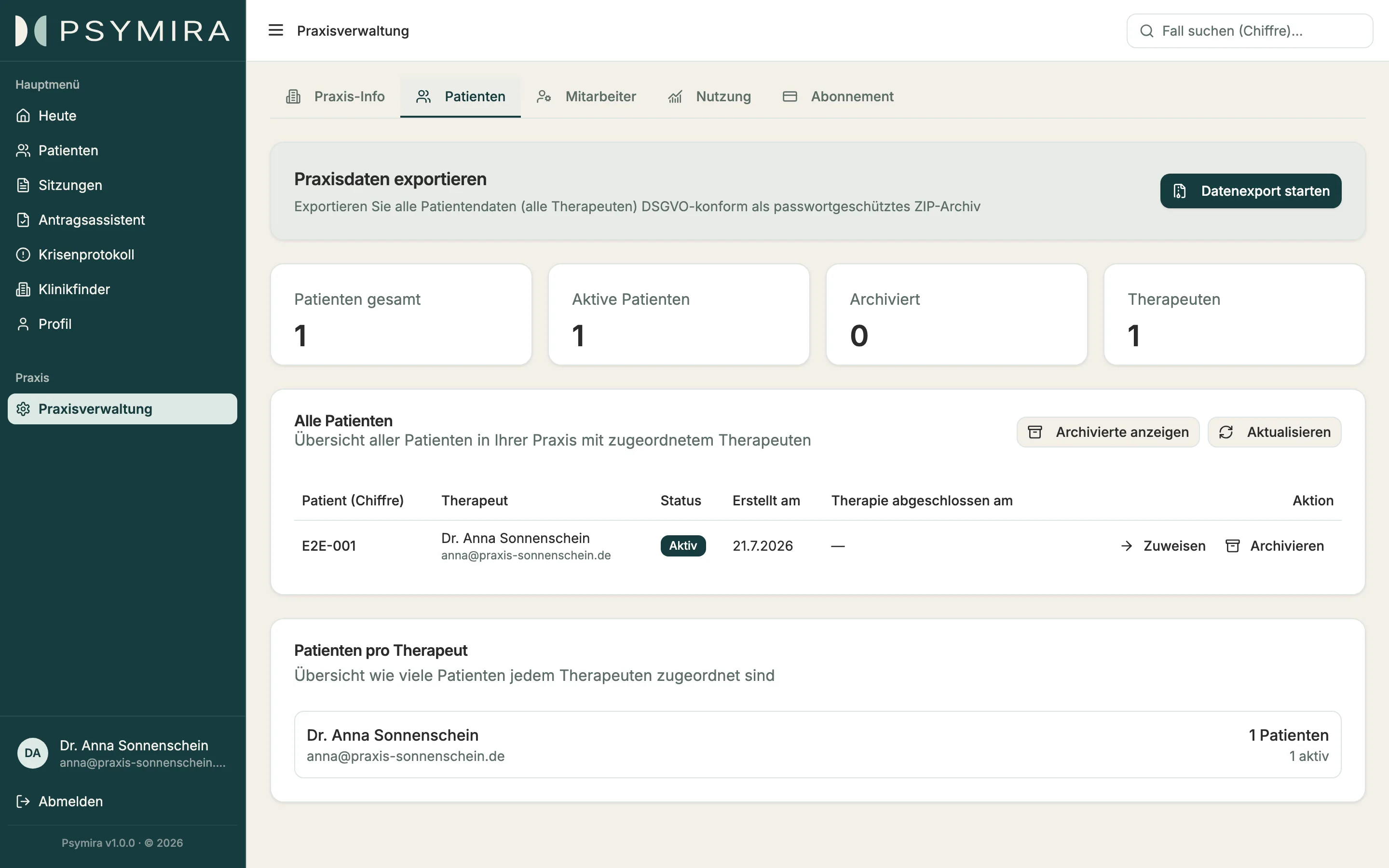 Psymira-Praxisverwaltung mit Praxisinformationen und Verwaltungsnavigation