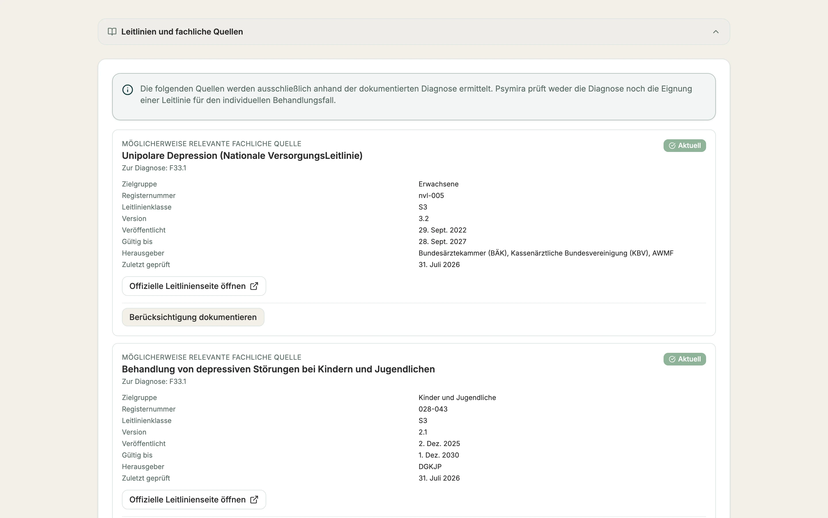 Psymira-Patientenübersicht mit aufgeklapptem Bereich „Leitlinien und fachliche Quellen“: Hinweis, dass Psymira weder Diagnose noch Eignung prüft, und zwei Leitlinien zur Diagnose F33.1