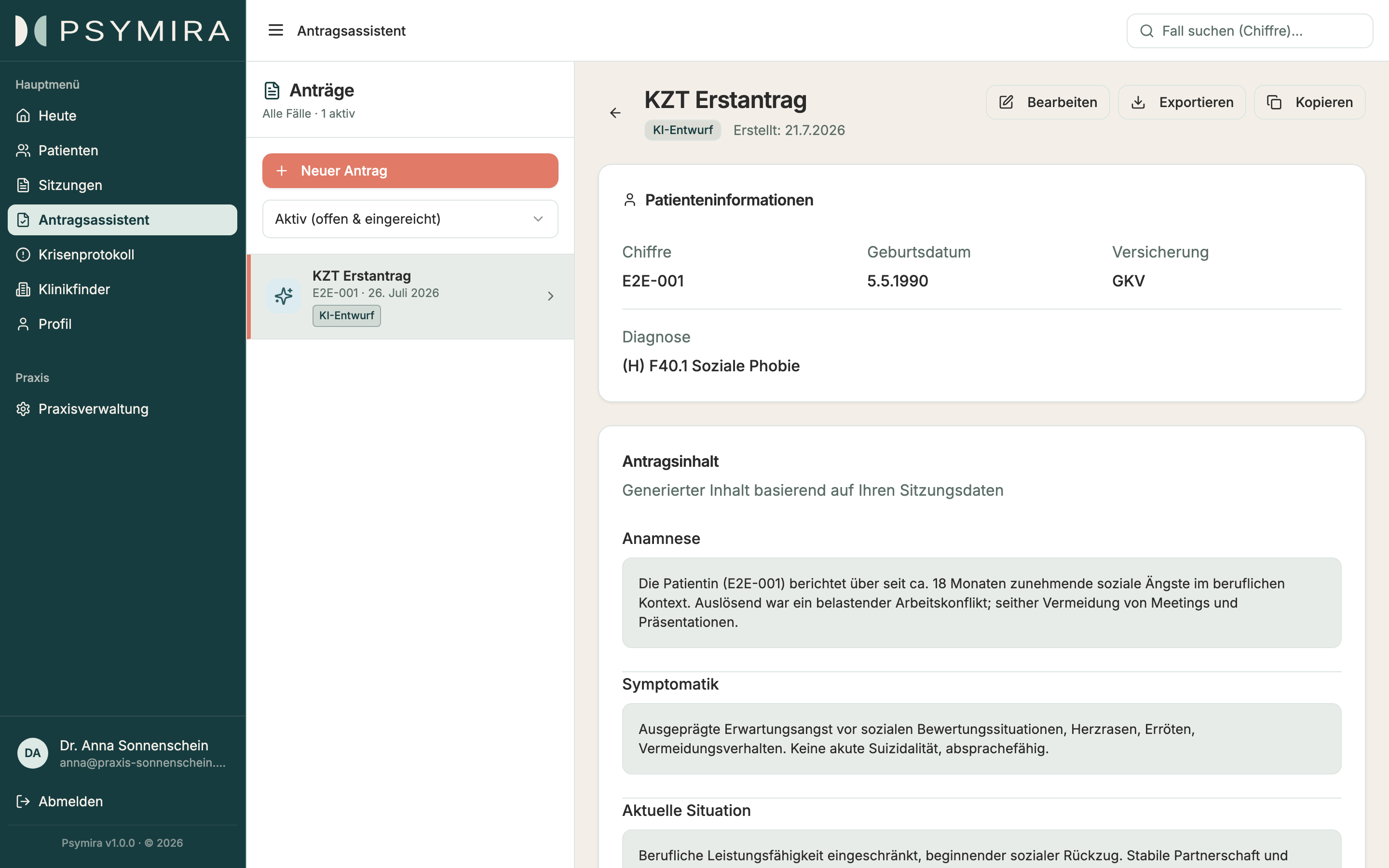 Psymira-Antragsassistent mit einem KI-Entwurf, Patienteninformationen sowie Funktionen zum Bearbeiten und Exportieren