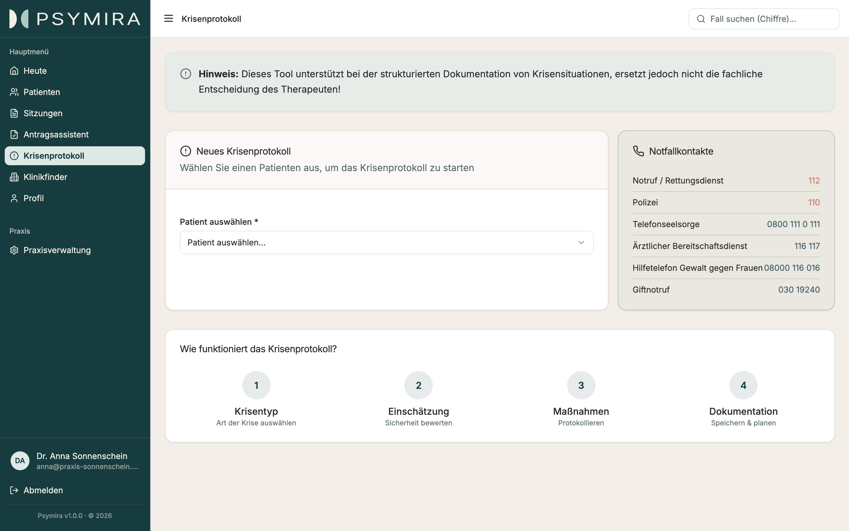 Psymira-Krisenprotokoll mit Patientenauswahl, Notfallkontakten und den Schritten Krisentyp, Einschätzung, Maßnahmen und Dokumentation