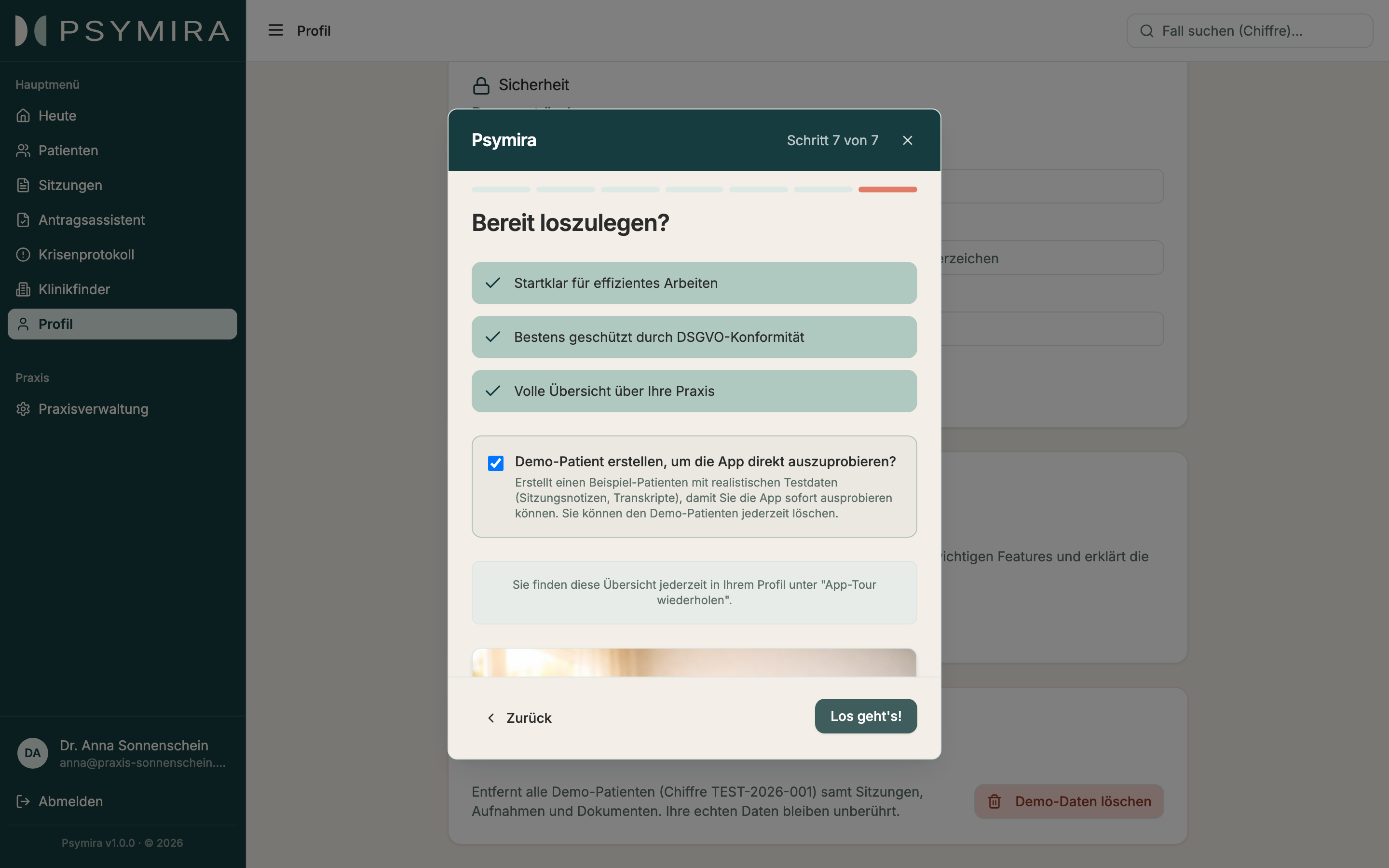 Psymira-Onboarding mit der Option, Demo-Daten anzulegen