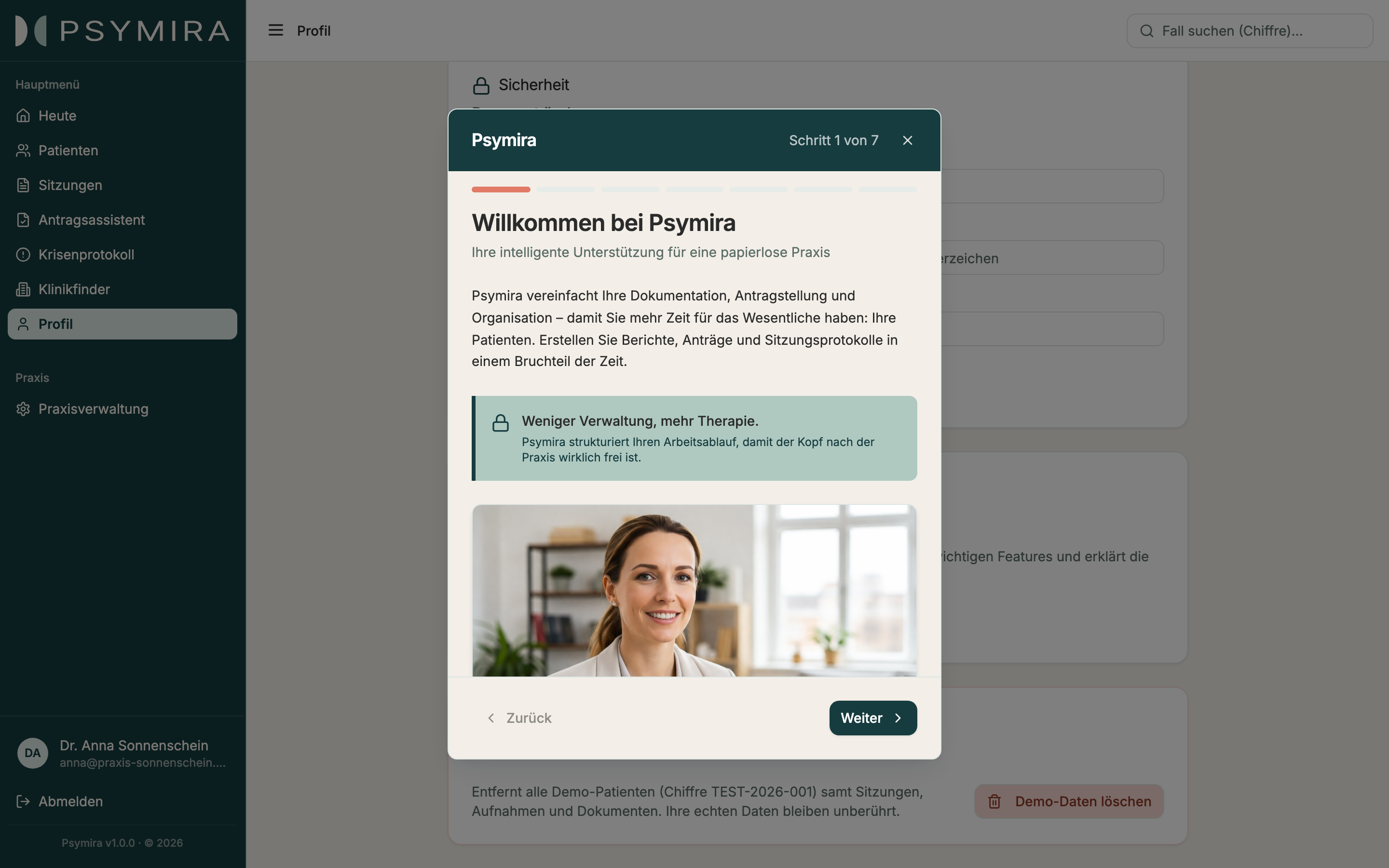 Willkommensansicht des Psymira-Onboardings